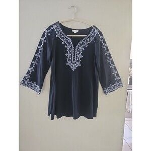 J. Jill Women's Boho Blouse Size S Blue Embroidered 3/4 Sleeve Tunic Cottagegore